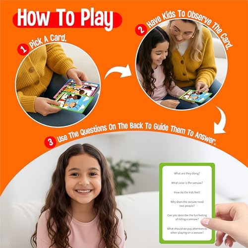 80 Scene Conversation Cards,480+ Questions Of What,Where,Who,Why & How,Materials for Social Skills,Learn Through Friendly Illustrations Of Situations,Develop Emotional Intelligence & Critical Thinking