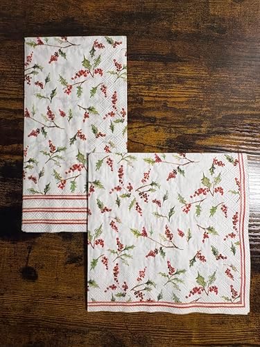 IHR Ideal Home Range Dinner Napkins Disposable 3-Ply Paper Hand Towels, 8.5" x 4.5", Christmas Ilex Berries, 16-Count