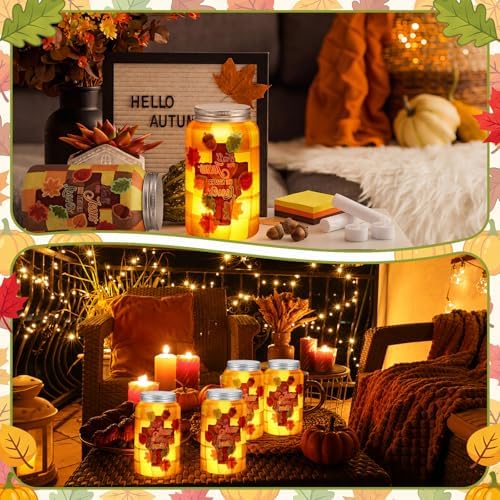 Qinyoung 12 Pcs Fall Christian Crafts Maple Leaf Mason Jar with LED