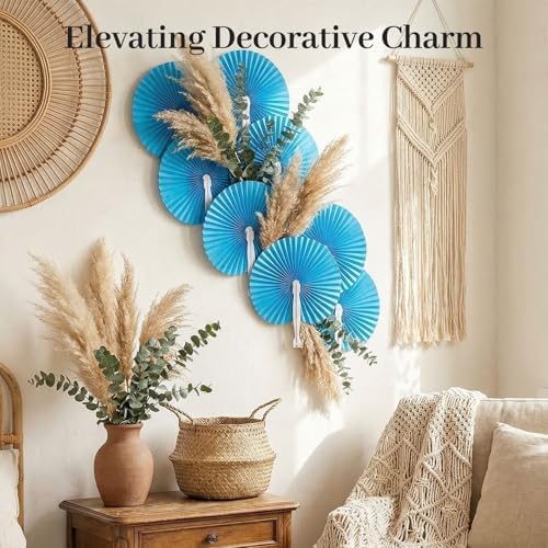 JOHOUSE Decorative Round Hand Fan Foldable, 12 Packs Blue Paper Fans
