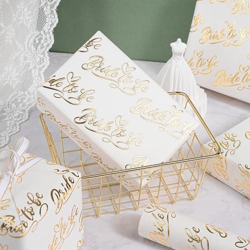 RUSPEPA Wedding Wrapping Paper Roll, Mini Roll, Gold Foil Bride to Be Text and Heart Design, Elegant Gift Wrap Paper for Bridal Shower, Bachelorette Party, Wedding Gift, 17 Inches x 16.4 Feet