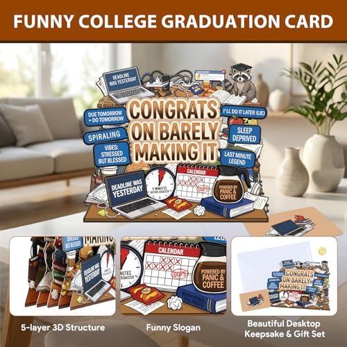 D4DREAM Funny College Graduation Gifts - MeMe Congrats on Barely Making It, Raccoon, Powered by Panic & Coffee, Pop Up Graduation Card for High School College Graduates, 5-Layer Grad Decor
