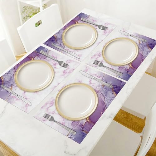 Marble Placemats Set of 6, 12x18 Inch Abstract Purple Modern Marble Pattern Printed Heat Resistant Table Mats for Dining Kitchen Birthday Party Holiday Decor