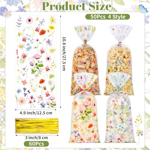 QOIUSO 50 PCS Wildflower Party Cellophane Treat Bags - 4.9 x 10.8 Inch Plastic Floral Party Favor Bags with Twist Ties - Clear Candy & Cookie Gift Bags for Baby Shower, Bridal, Wedding, Birthday