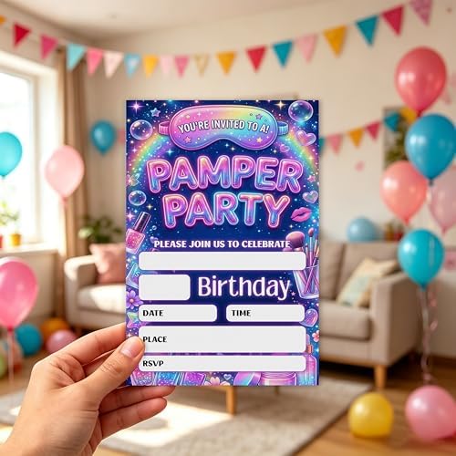 Pamper Birthday Invitation Girl, Pamper Spa Double-Sided Fill In Style Invites with Envelopes for Birthday, Glitz Glam Makeup Glow Party Invitation For Girls, Teens, Bday Party Favor & Decoration