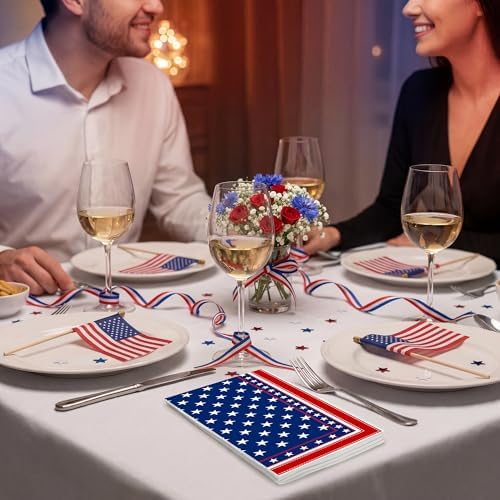 250th Anniversary 4th of July Disposable Paper Napkins, 200 Pcs US Flag Patriotic Red White Blue 2-Ply Luncheon Napkins for America 250th Independence Day Memorial Day Patriotic Party Supplies