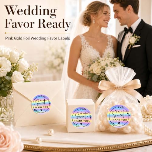 100 x A Sweet Thank You Embossed Sticker Labels Wedding Party Shower Favor Raised Gold Foil Stickers Sweet Treat Sticker for Wedding 1.57” (Holographic)