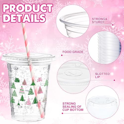 Funnymoom 50 Sets Christmas Disposable Plastic Cups Bulk with Lids Straws 16 oz Pink Green Xmas Tree Plastic Cups Cold Beverage Drinking Container for Xmas Holiday Juice Hot Cold Drinks