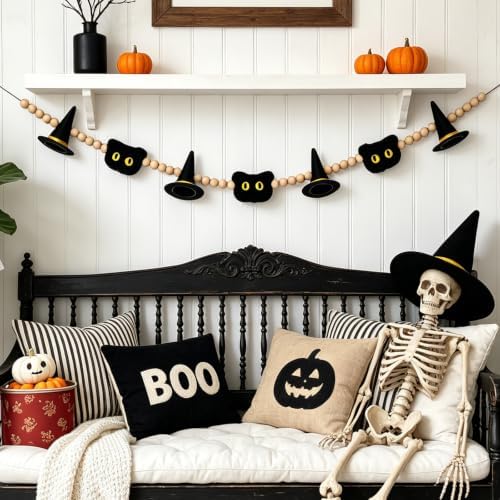 GreenD Halloween Garland 9.84FT Wood Bead Garland with Felt Witch Hats & Plush Cats, Handmade Indoor Hanging Decor for Living Room Window Neutral Farmhouse Cute Party Supplies