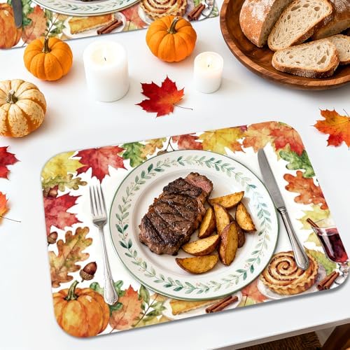 Fall Plastic Placemats Set of 6, Wipeable Maple Leaf Place Mat 11x15.7 Inch Thanksgiving PP Table Placemat for Kitchen Dining Indoor Outdoor Party Decor