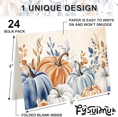 FYSUIMU 24 Pack Fall Cards Boxed Vintage Pumpkin Leaves Greeting Cards with Envelopes Stickers Autumn Blank Note Card for Thanksgiving Harvest Party Supplies, 4 x 6 Inch