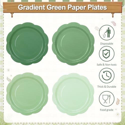 96pcs Green Plates and Napkins Party Supplies,Gradient Green Disposable Tableware Include 9" Scalloped Plates and Napkins for Wedding,Baby Bridal Shower,Birthday,48 Guests