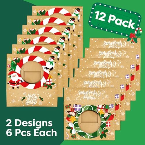 Christmas Cookie Boxes for Gift Giving - 12 Kraft Christmas Cookie Tins With Lids - Sturdy Christmas Treat Boxes, Christmas Tins - Festive Christmas Cookie Box Packaging - Cookie Boxes with Window