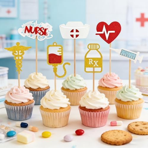 28 PCS Nurse Cupcake Toppers, Glitter Nurses Week Cupcake Picks, Nursing School Graduation Food Picks Cupcake Toppers Cake Decorations for National Nurse Day Nursing Graduation Congrats Party Supplies