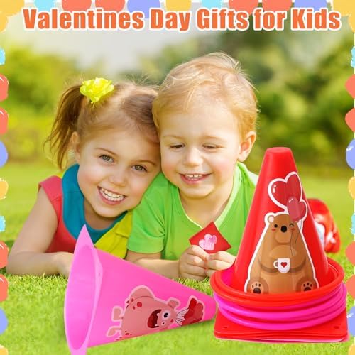 39Pcs 4 in 1 Valentines Day Party Games for Kids with Ring Toss, Plastic Cones, Bean Bags, 3-Legged Race Bands, Stickers, Carnival Valentine's Games Activity Combo Set for Classroom Indoor Outdoor