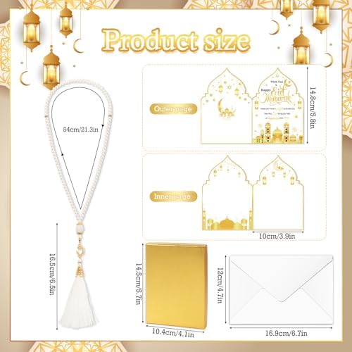 HOWAF Eid Gifts Set with Mosque Shape Card & Prayer Beads, Ramadan Mubarak Greeting Card with Envelope and Ramadan & Eid Pearl Zikirmatic Beads with Box, Islamic Present for Women, Muslim Celebration Gift Set