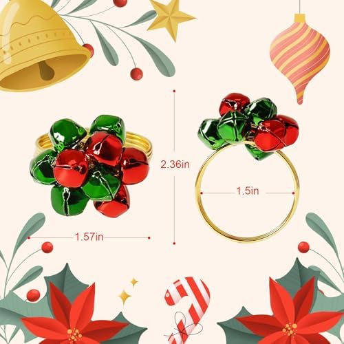 wonlex Christmas Bell Napkin Rings Set of 6, Jingle Bells Napkin Ring Buckle Green and Red Xmas Serviette Buckles Holder for Dinner Table Decoration, Wedding(Xmas Bell)