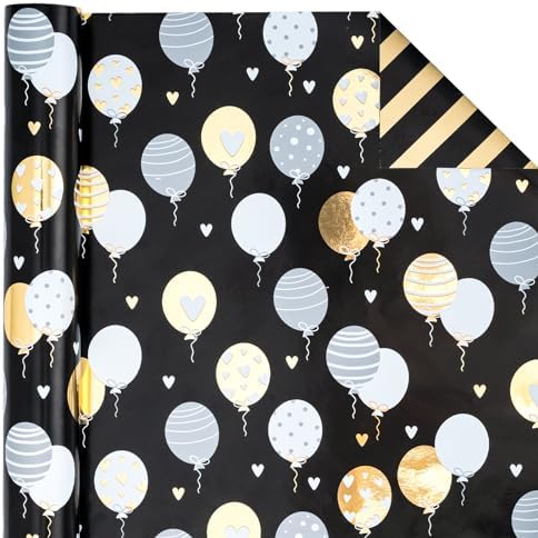 WRAPAHOLIC Reversible Birthday Wrapping Paper Roll - Mini Roll - 17 Inch X 33 Feet - Metallic Black Gold Balloon Design for Birthday, Holiday, Party, Baby Shower