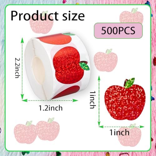 500Pcs Back to School Apples Stickers Roll Red Laser Sparkly Apples Label 1in Waterproof Decals Self-Adhesive Holographic Stickers for Envelope Scrapbook Decor First Day of School Party Supplies