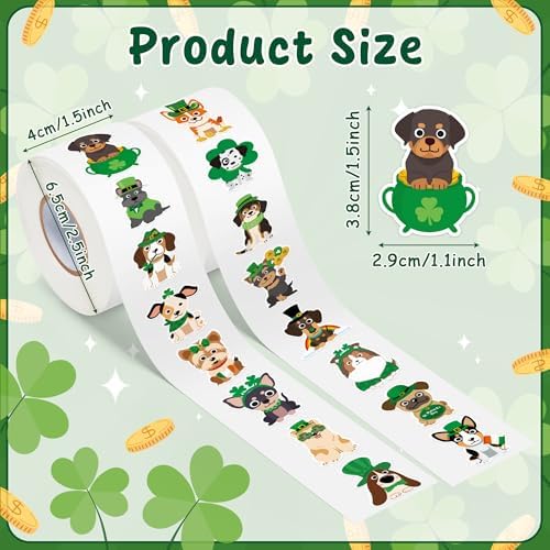H1vojoxo St. Patrick's Day Sticker Rolls - 1000PCS Irish Shamrock Holiday Cartoon Dog Stickers for Kid 16 Design St. Patrick's Cute Dog Sticker for Craft St. Patrick Cartoon Dogs Stickers for Envelope