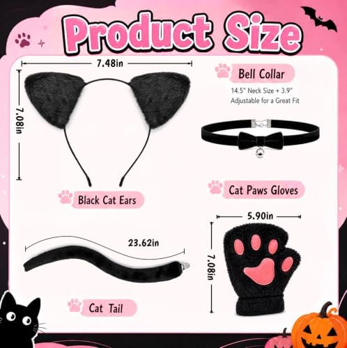H-Style Cat Costume for Women - Black Cat Ears Headband Woman, Tail, Bell Choker & Gloves - 4 Pack, Halloween Cosplay Costume Outfit Accessories for Adult