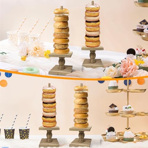2 Pcs Donut Stand Wooden Square Doughnut Stand Bagel Stand Donut Display Tower for Dessert Table Doughnut Holders for Party Donut Display Stand for Birthday Banquet (Dark Color)