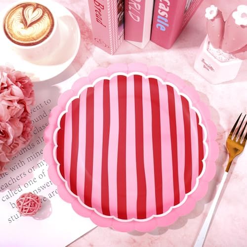 JarThenaAMCS 30Pcs Stripe Paper Plates 9 Inch Red Pink Scalloped Disposable Dinner Plate for Valentine's Day Wedding Summer Cherry Theme Party Table Decor