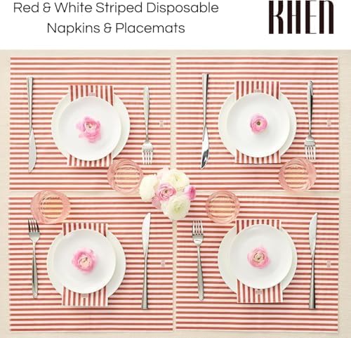 Khen 50-Count Luxury Disposable Napkins, European Stripes Design 2-Ply Tableware, Linen-Feel Paper Guest Towels, Elegant Soft & Absorbent Hand Towel, Party Napkin or Placemats 15.75"x13" - Maroon Red