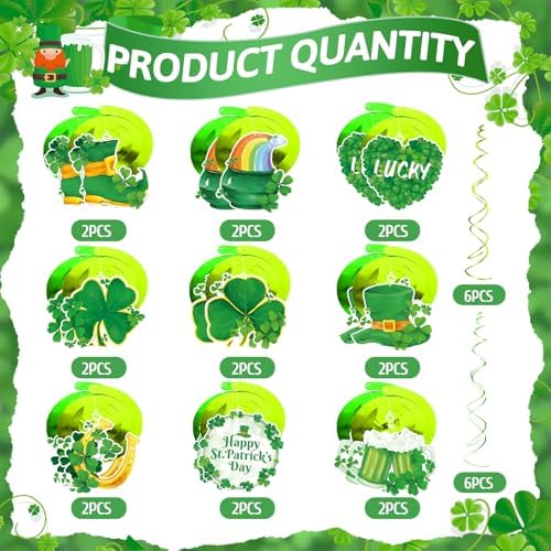 FRIDAY NIGHT 30Pcs St. Patrick's Day Hanging Decorations Irish Shamrock Foil Swirls Green Lucky Paper Cutouts Saint Patricks Day Party Decor for Ceiling Wall Irish Holiday Party Supplies