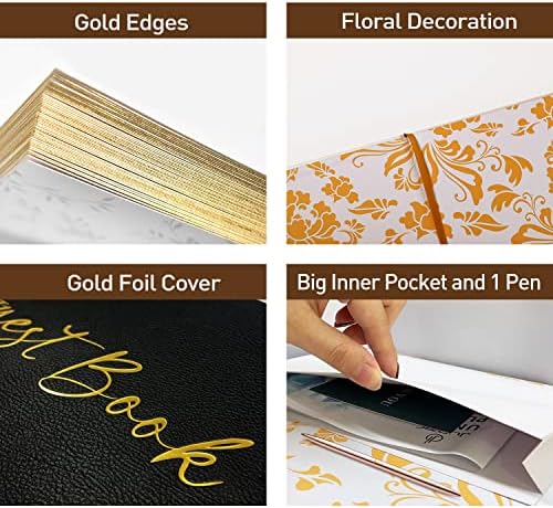 JUBTIC Black Guest Book for Graduation Party Guest Sign in Book with Pen for Reception, Wedding, Baby Shower, Birthday, Shower, Funeral, 100 Pages with Gilded Edges and Gold Foiled Cover -7×10″