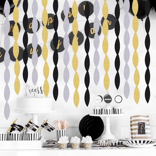 BEISHIDA 8 Rolls Black Gold Silver Crepe Paper Streamers for Graduation Birthday Newyear Party Decorations, DIY Craft Paper(1.8 Inch x 82 Ft/Roll)