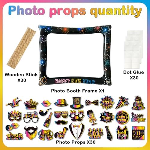 2026 New Year Photo Booth Inflatable Frame Kit, 30Pcs Colorful Neon New Years Photo Booth Props with Inflatable Picture Frame for New Year Eve Party Selfie Props Supplies