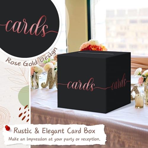 QIKSION Elegant Black Card Box for Party, Rose Gold Foil Wedding Card Box