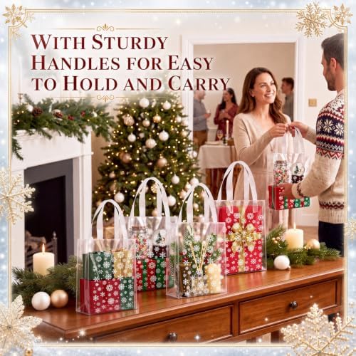 Pajean 25 Pcs Winter Plastic Gift Bags with Handles, Snowflake Pouches