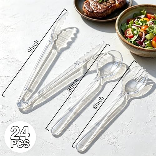 24 Pcs Clear Plastic Serving Utensils Set, Disposable & Reusable Supplies