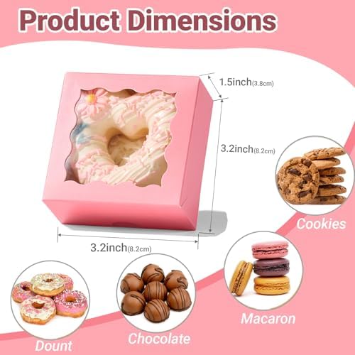 3.2x3.2x1.5 Inches 100PCS Chocolate Truffle Boxes Mini Bakery Boxes with Window for Cookies,Soap,Donut, Macaron,Brownie(Pink)