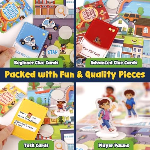 Town Search Board Games, Family Games for Kids Ages 5 6 7 8-12, 2-4 Players, Educational Board Game for Boys Girls 5+, Back to School Gifts for Classroom & Family Nights & Parties