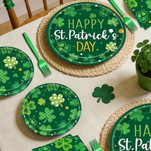 96 Pieces Happy St. Patrick's Day Plates and Napkins Tableware Set, Green Shamrock Lucky Disposable Dinnerware with Paper Plates, Napkins, and Forks for St Patrick Day Irish Party Supplies- Serves 24
