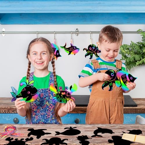 JULMELON 36 Pcs Ocean Crafts for Kids, Rainbow Scratch Art Party Favors
