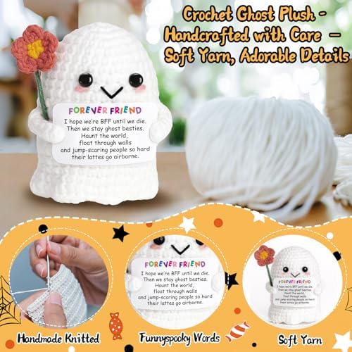 Best Friend for Women Friendship Ornaments - Handmade Crochet Ghost Decor with Funny Boo BFF Message Card, Halloween Stocking Stuffers, Cute Birthday Gift for Bestie Soul Sister