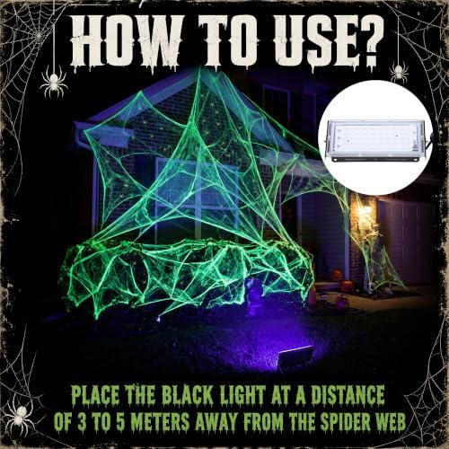 1100 Sqft Halloween Glow Green Stretch Cobwebs with Glow Spiders and Light