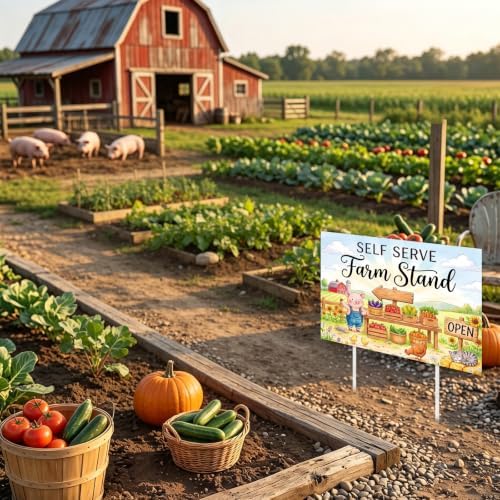 Rngmsi Pig and Vegetable Farm Stand Directional Arrow Sign Set 3pc