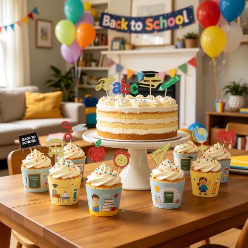 24Pcs Back to School Cupcake Toppers, Glitter School Cake Decorations