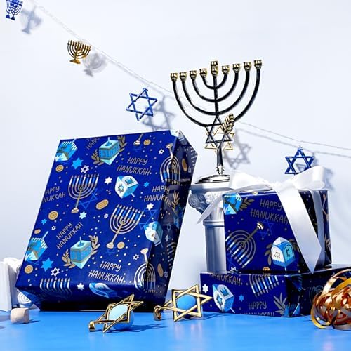 LaRibbons Hanukkah Wrapping Paper, Foil Menorah Dreidel Print