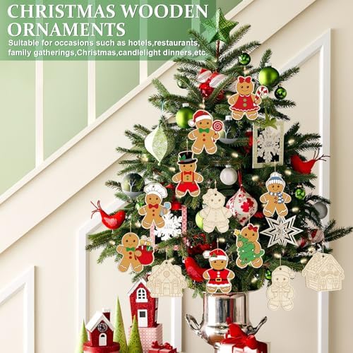 36PCS Wooden Christmas Ornaments to Paint, 12 Styles DIY Blank Unfinished Wood Gingerbread Man Cutouts Ornament for Crafts Winter Hanging Decorations
