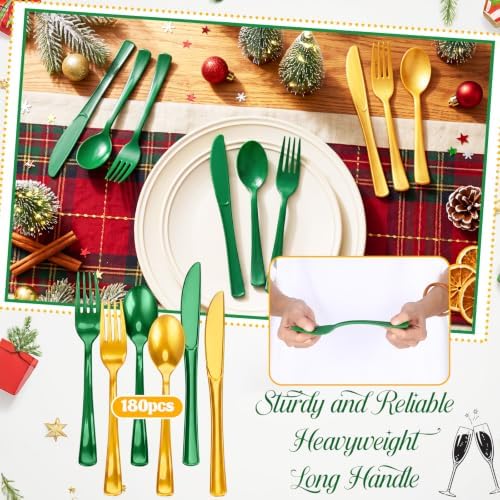 Minatee 180 Pcs Pearlescent Green Gold Plastic Silverware Heavy Duty Cutlery Sets Disposable Utensils for Holiday Birthday Themed Party Supplies, 60 of Each Forks Knives Spoons