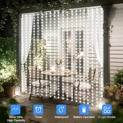 echosari Curtain Lights Battery Operated 9.8 x 9.8Ft with Timer Cool White