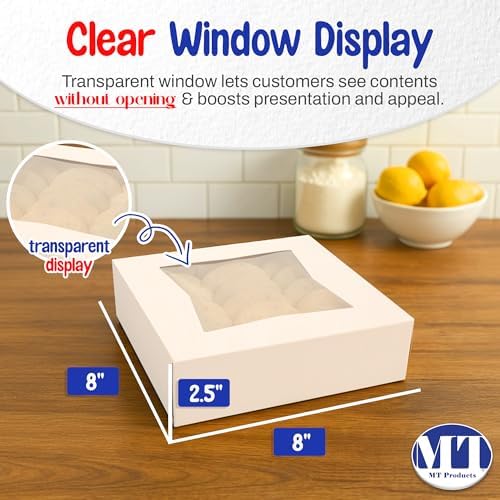 MT Products White Cookie Boxes - Size of 8" X 8" X 2.5" - (200 Pieces) Auto Pop-Up Bakery Boxes with Window - Made in the USA