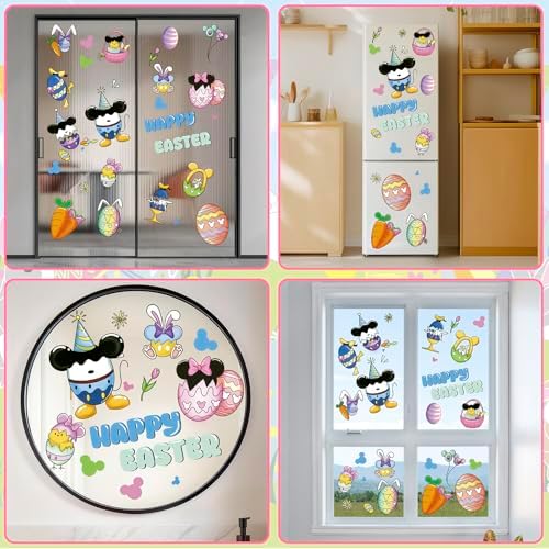 Easter Window Clings for Glass Decorations - 60 Pcs Double-Sided Happy Easter Sticker Cute Bunny Egg Rabbit Gel Window Clings Spring Window Decals Film Duck Mouse Decor for Office Classroom Home Wall