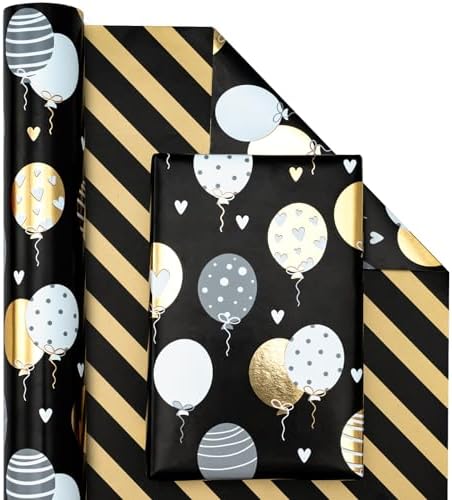 WRAPAHOLIC Reversible Birthday Wrapping Paper Roll - Mini Roll - 17 Inch X 33 Feet - Metallic Black Gold Balloon Design for Birthday, Holiday, Party, Baby Shower